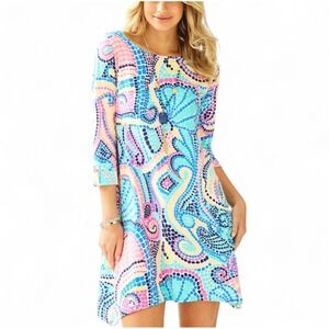 Lilly Pulitzer Edna Swing Dress‎ 3/4 Sleeve Colorful Vacation Sea Pima Cotton XS
